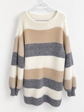 SHEIN Women’s Size L Striped Fuzzy Knit Sweater Dress Beige Grey Cream